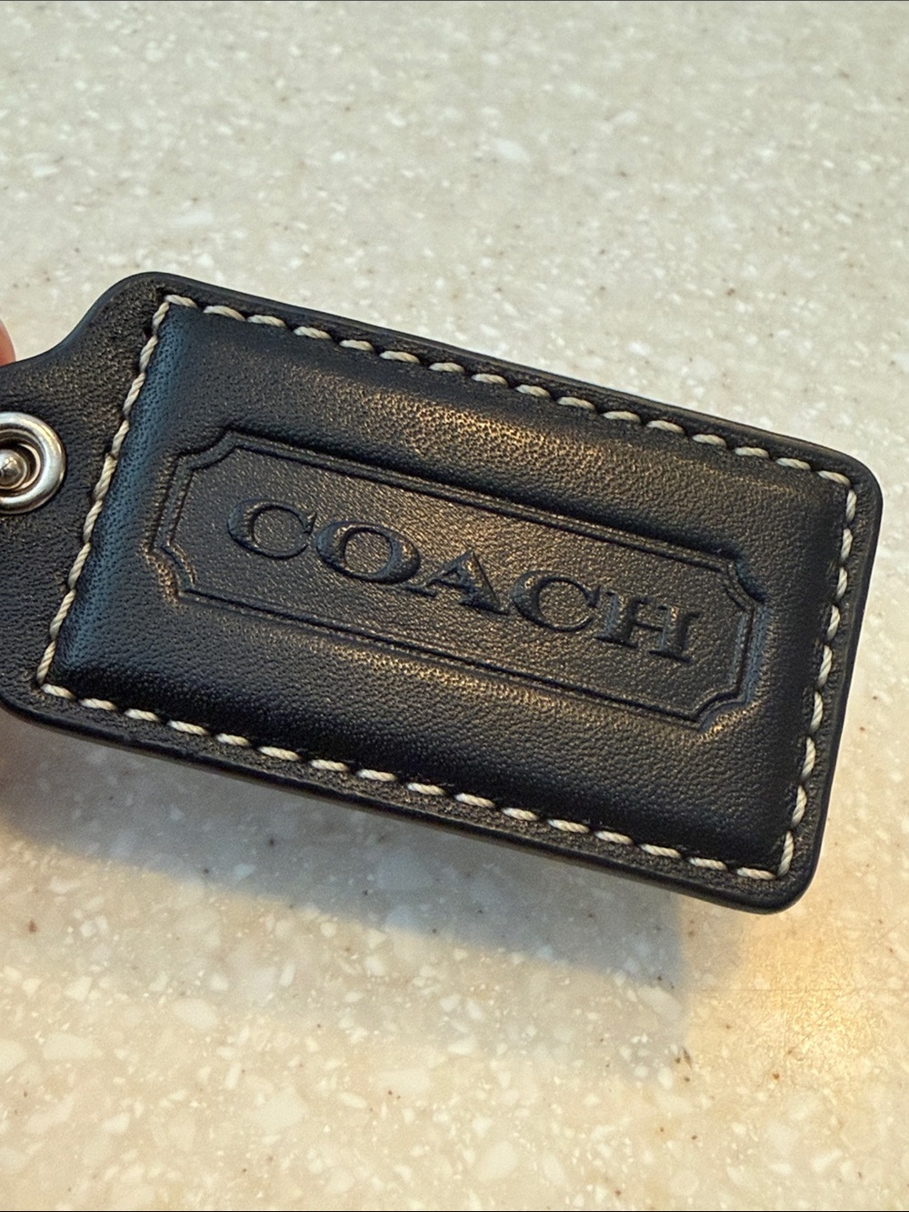 Coach Black Leather Bag Tag with Silver Chain Large 3” x 1.5”